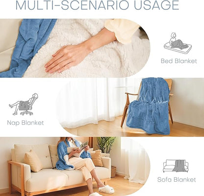 Electric Heated Blanket Throw Size 50"x60" - Flannel & Sherpa Fabric Dual-Sided, 6 Heat Settings & 1-3 Hours Auto Off, Soft & Cozy Warming Throw for Home, Office, or Bed, Machine Washable, Slate Blue