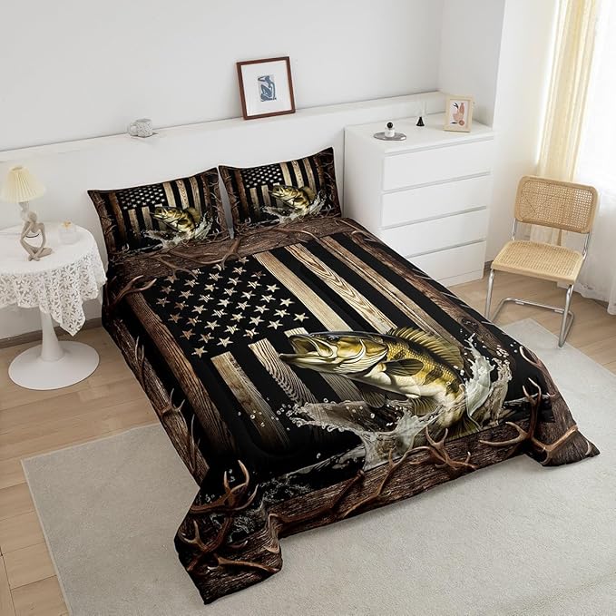 Vintage American Flag Comforter Set King Size,Men 3D Bass Fish Bedding Set,Hunting Fishing Quilt Set for Kids Boys Adult Room Decor,Rustic Farmhouse Wooden Striped Duvet Insert,Black Brown