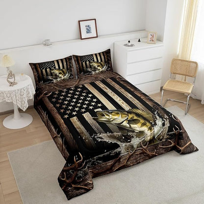 Vintage American Flag Comforter Set King Size,Men 3D Bass Fish Bedding Set,Hunting Fishing Quilt Set for Kids Boys Adult Room Decor,Rustic Farmhouse Wooden Striped Duvet Insert,Black Brown