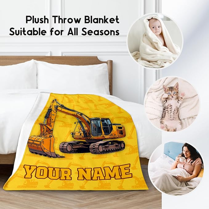 Personalized Blankets for Kids, Cozy Soft Excavator Throw Gifts for Boys, Yellow Flannel Construction Blankets for Couch Office, 30x40 Inches
