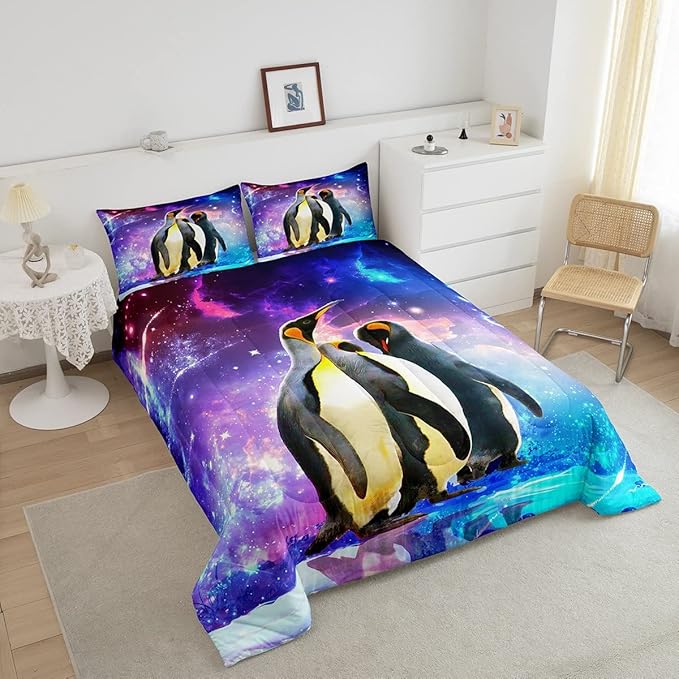 Feelyou Penguin Comforter Set Galaxy Cartoon Penguin Bedding Set for Kids Boys Girls Funny Animal Printed Comforter Cute Polar Animal Pattern Colorful Quilt Set Room Decor 3Pcs Full Size