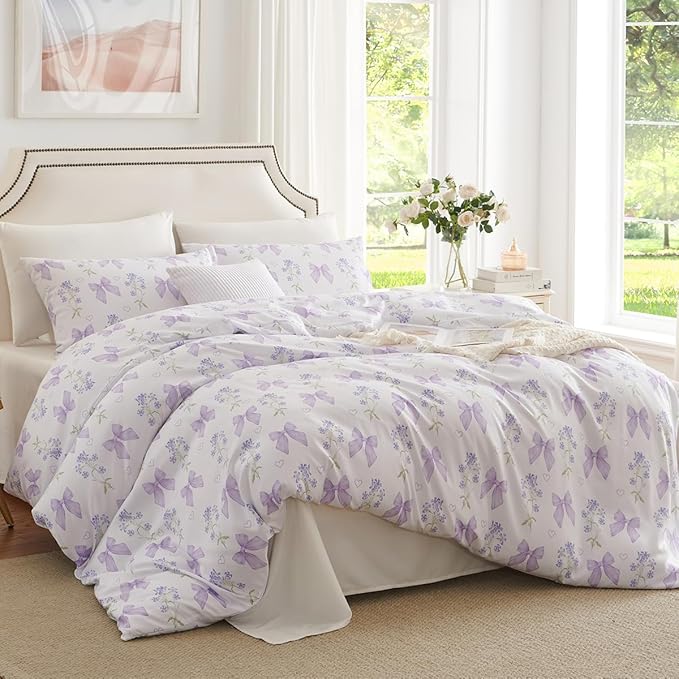 Purple Bow Duvet Cover King 3Pcs Girls Floral Duvet Cover Set, Cute Romantic Princess Style Bowknot Bedding Set Soft Microfiber Garden Flower Bedding with 2 Pillowcases(No Comforter)