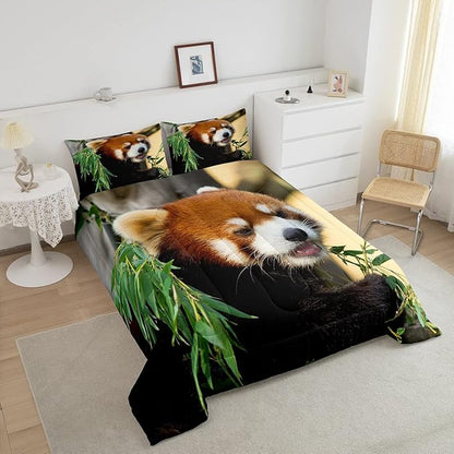 Feelyou Red Panda Bedding Set Cute Animal Pattern Comforter for Kids Boys Girls Teens Red Panda Leaves Print Comforter Set Breathable Nature Quilt Set Bedroom Collection 3Pcs Full Size