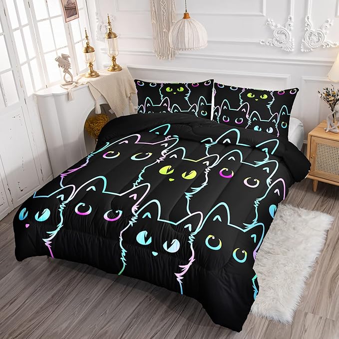 Axolotl Kids Bedding Cartoon Cat Comforter Set, Full Size, Gradient Line Cute Cat Bedding Set for Teens, Kids, Boys, Girls, Adults Room Decor, All Season, 1 Comforter 2 Pillow Cases, Black
