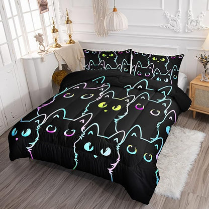 Axolotl Kids Bedding Cartoon Cat Comforter Set, Full Size, Gradient Line Cute Cat Bedding Set for Teens, Kids, Boys, Girls, Adults Room Decor, All Season, 1 Comforter 2 Pillow Cases, Black