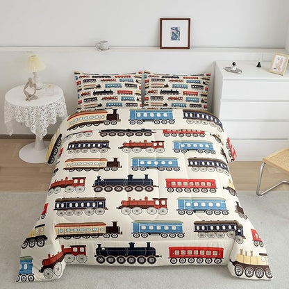 Erosebridal Cute Train Bedding Gifts for Kids Boys Funny Trains Car Full Comforter Set Vintage Smoking Steam Engine Bed Set for Toddler Nursery Birthday Decor Down Comforter for All Seasons