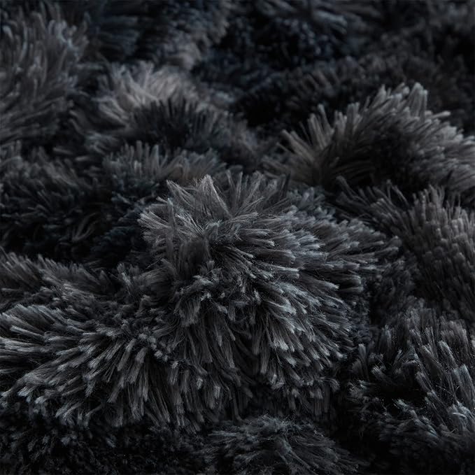 Wajade Faux Fur Plush Black Comforter Set Fluffy Fuzzy Shaggy Bedding Set - 3PC Full/Queen Microfiber Soft Warm Quilt Set