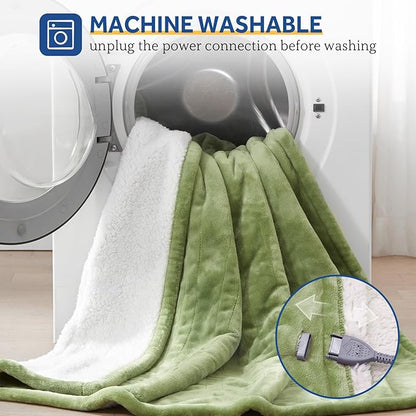 Sealy Heated Throw Blanket, Flannel & Sherpa Electric Throw with 6 Heat Setting & 2-10 Hours Auto Shut Off, Fast Heating & Machine Washable, 50x60 Inch, Green
