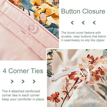 URBONUR Floral Duvet Cover Set King Size 3 Pieces 100% Cotton Silky Sateen Wildflowers Comforter Cover with 2 Pillowcases Soft & Breathable Bedding Sets