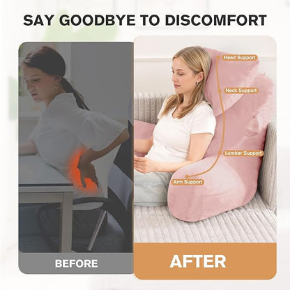 Portable Reading Pillows with Headrest for Bed Sitting Up(Pink Oeko-Tex), Velvet Back Pillow with Arms & Pockets for Adults, Support Memory Foam Bed Pillow for Dorm/Reading/Watching/Gaming