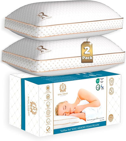 Royal Therapy King Memory Foam Pillows 2-Pack - Shredded Memory Foam Pillow for All Sleep Positions - Medium Firm Pillow with Adjustable Loft, Bamboo Rayon Cover, CertiPUR-US, Oeko-TEX Certified
