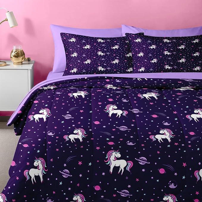 Nesker Comforter Set Queen Size, Purple Unicorn 7 Pcs Bedding for Kids Teens, Cute Rainbow with Fitted Sheet 2 Pillowcases & 2 Shams for Bedroom Bed Decor