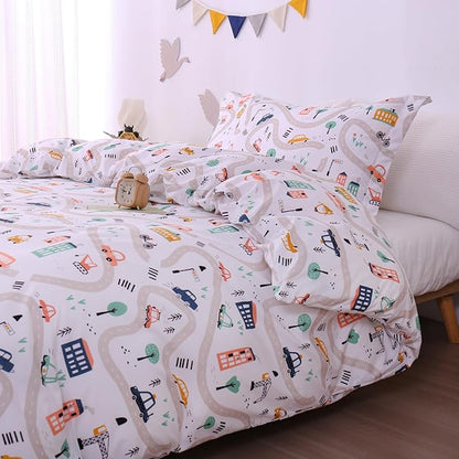 JSD Kids Duvet Cover Set Queen Size, 3 Piece Cars Printed Microfiber Comforter Cover with Pillow Sham Zipper Closure, Comforter Not Included