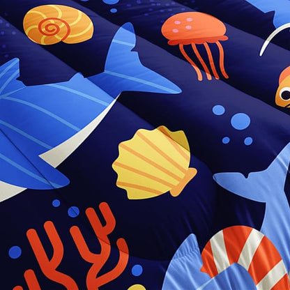 Kawaii Swimming Shark Themed Comforter 3Pcs Queen Deep Blue Ocean Sea Animal Coral Bedding Set for Kid Teen Girl Boy Adult Fish Starfish Shell Quilt Bed Decor with 1 Comforter and 2 Pillowcases
