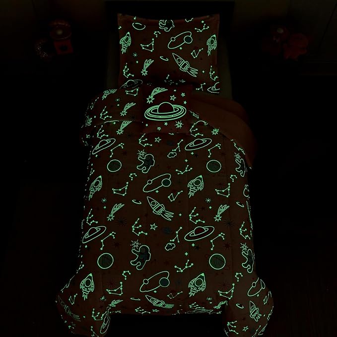 Twin Comforter Set for Girls-3 Pieces Space Glow in The Dark Twin Bedding Sets for Kids,1 Comforter,1 Sham and 1 Decor Pillow