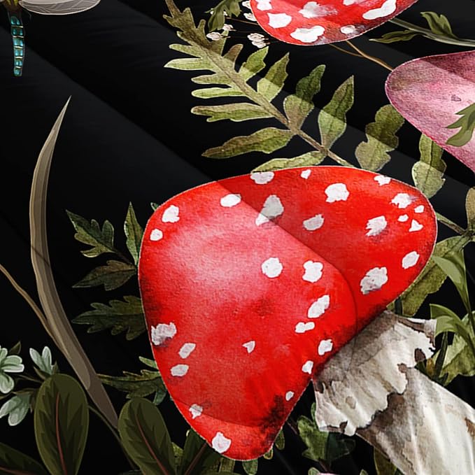 Red Mushroom Kawaii Comforter Set Full Size Kids Mushroom Dragonfly Bedding Set Botanical Plant Theme Print Quilt Bed Set for Boys Girls Adults with 1 Comforter and 2 Pillowcases