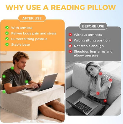 Reading Pillow for Gaming Lap Desk Pillow for Laptop with Pocket Foldable Memory Foam Bed Desk for Reading Working Crocheting Gaming Arm Rest on Bed/Sofa/Floor/Couch/Car (Beige Foldable)