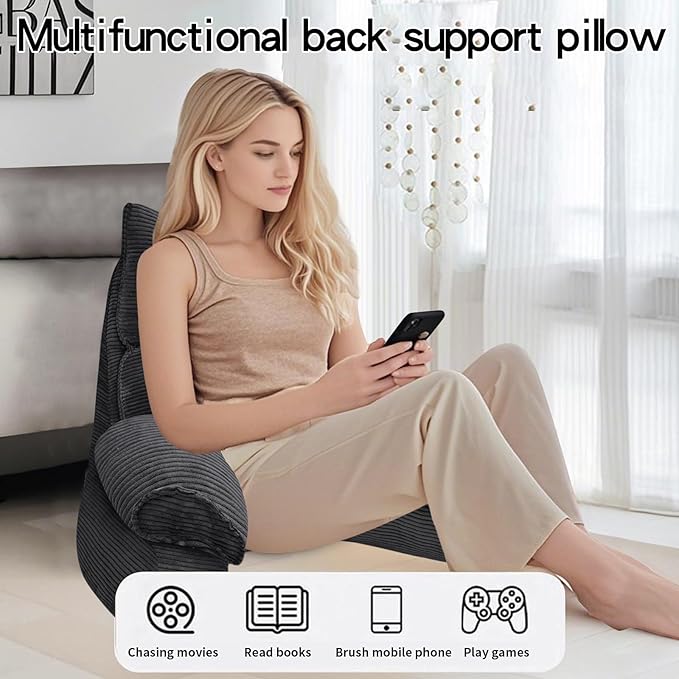 RRPAHWTV Reading Pillow for Bed with High Arm Rests ,Back Support Pillow for Sitting Up in Bed with Shredded Memory Foam for Reading, TV, Gaming or Relaxing on Floor（Grey Black, Large）