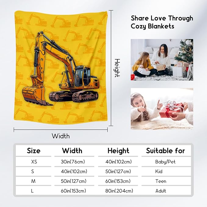 Toddler Blankets for Boys, Cozy Soft Excavator Throw Gifts for Kids, Yellow Flannel Construction Blankets for Bed Travel, 50x60 Inches