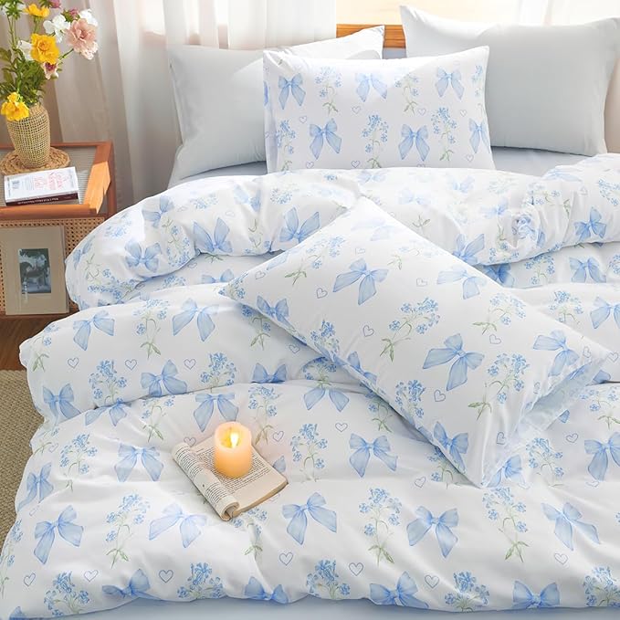 Blue Bow Duvet Cover King 3Pcs Girls Floral Duvet Cover Set, Cute Romantic Princess Style Bowknot Bedding Set Soft Microfiber Garden Flower Bedding with 2 Pillowcases(No Comforter)
