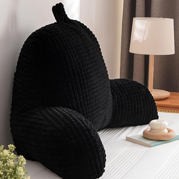 A Nice Night Reading Pillow Bed Wedge Large Adult Children Backrest with Arms Back Support for Sitting Up in Bed/Couch for Lounging Bedrest,Waffle Stereoscopic Design,Black