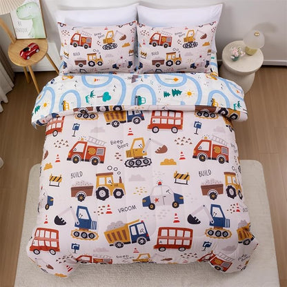 NTBED 5 Pieces Construction Full Comforter Set for Boys Kids Fire Truck Vehicles Excavator Lightweight Microfiber Bedding Sets