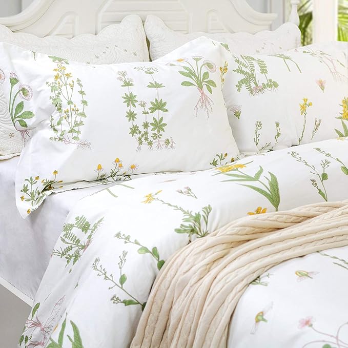 FADFAY Duvet Cover Set 3 Pieces 100% Cotton Twin XL 600 TC Floral Bedding Set Flower Printed White Fresh Pattern with Zipper Closure 1 Duvet Cover 2 Pillowcases for Kids Adult