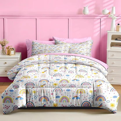 Nesker 7 Pcs Comforter Set Queen Size, Colorful Cartoon Bedding for Kids Teen, Cute Boho Rainbow with Fitted Sheet 2 Pillowcases & 2 Shams for Bedroom Bed Decor