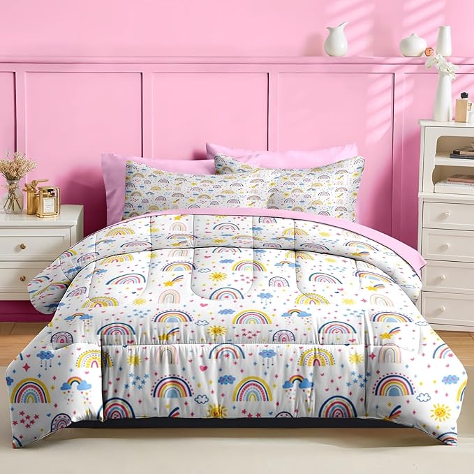 Nesker 7 Pcs Comforter Set Full Size, Colorful Cartoon Bedding for Kids Teen, Cute Boho Rainbow with Fitted Sheet 2 Pillowcases & 2 Shams for Bedroom Bed Decor