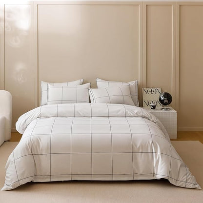 Wellboo White Plaid Comforter Sets King Black White Grid Checkered Bedding Comforters Cotton White and Black Buffalo Check Grid Quilts for Women Men Soft Modern Big Plaid Geometric Gingham Bed