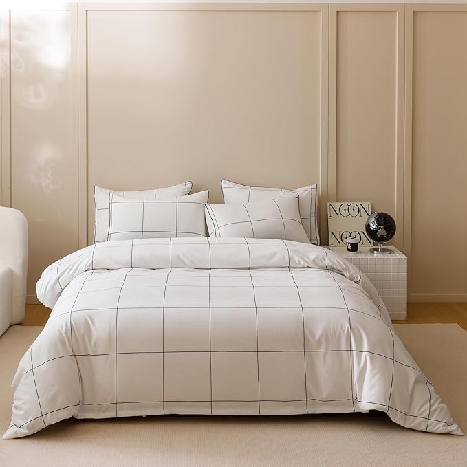 Wellboo Plaid Comforter Set - Full Black White Grid Checkered Bedding Comforters Cotton Buffalo Check Grid Quilts for Women Men Soft Modern Big Plaid Geometric Gingham Bed