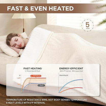 Westinghouse Electric Blanket Queen, Flower Jacquard Heated Blanket Queen Size with 10 Heating Levels and 1-12 Hours Auto-Off, Flannel to Sherpa Reversible, Machine Washable (84" x 90", Beige)