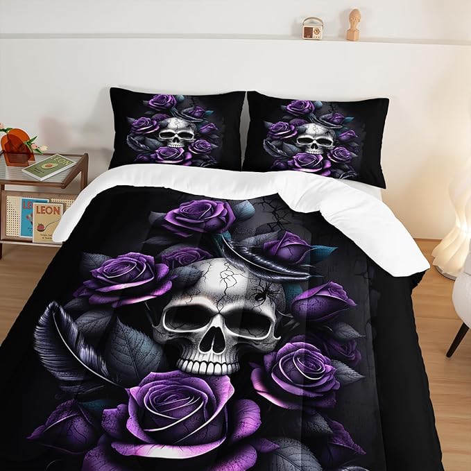 Death Skull Heads Full Size Comforter Sets,Horror Themed Gothic Bedding for Kids Teens Boys Room Decor,Mysterious Floral Spider Western Comforter Sets with 2 Pillowcases.