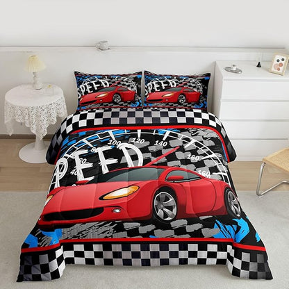 Feelyou Boys Race Car Bedding Set Cool Race Sports Car Set Comforter Set for Kids Boys Sports Theme Duvet Set Checkered Comforter Red 1 Comforter Set with 1 Pillowcase Twin Size