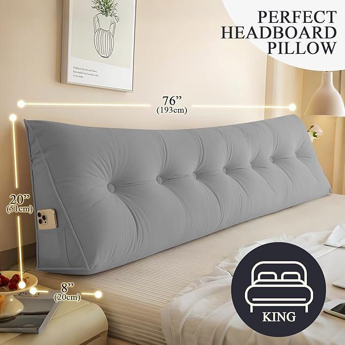 Headboard Pillow King, Large Triangular Wedge Headboard Pillow for Reading and Resting, Backrest Positioning Support Pillow with Removable Cover (Grey)