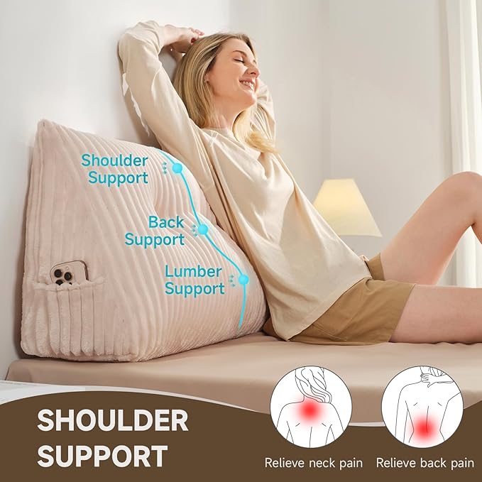 Z-hom Full Headboard Pillow, Triangular Wedge Reading Pillow for Bed or Sofa, Ergonomic Backrest Cushion for Sitting Up, Reading or Relaxing, with Side Pocket，Removable Washable Cover,Beige Cream