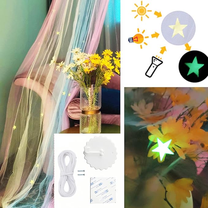Eimilaly Princess Rainbow Bed Canopy with Stars Glow in The Dark, Bed Canopy for Girls Room Decor or Unicorn Theme Party