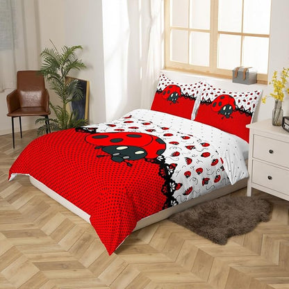 Cute Ladybugs Duvet Cover Set Twin Size,Red Black Dots Entomology Theme Bedding Set for Kids Girls Boys Teens Room Decor,Cartoon Animals Comforter Cover Vivid Natural Quilt Cover,1 Pillowcase