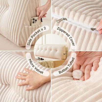 Z-hom King Headboard Pillow, Triangular Wedge Reading Pillow for Bed or Sofa, Ergonomic Backrest Cushion for Sitting Up, Reading or Relaxing, with Side Pocket，Removable Washable Cover,Beige Cream