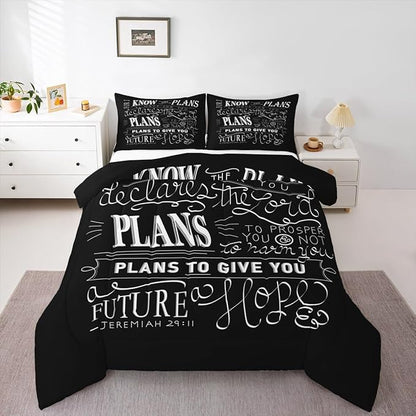 Feelyou Kids Vintage Bible Verse Comforter Set Christian Bible Verse Jeremiah Comforter Set for Boys Children Teens Bedroom Decor Modern Comforter Black Duvet Set Full Size with 2 Pillow Case