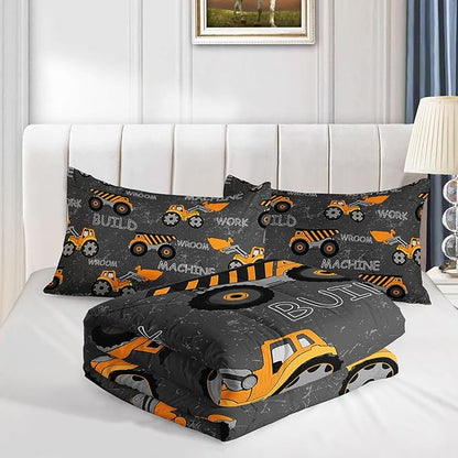 Truck Comforter Set Excavator Engineering Vehicle Printed Bedding Set with 1 Comforter and 2 Pillowcases for Boys and Girls Bedroom All Season(Truck-3 Twin)