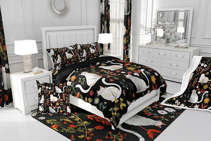 jejeloiu Cute Cat Bedding Set Soft for Boys Girls, Floral Flower Comforter Set Twin Size Nature Plants Duvet Quilt Microfiber Black Colorful Bedroom Decor 2 Pcs with 1 Pillow Cases