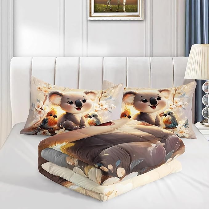 Kawaii Koala Bedding Set,Cartoon Koala Parrot Floral Pattern Full Size Bed Set for Kids Girls Boys Room Decor,Cute Beddings with 2 Pillowcases.