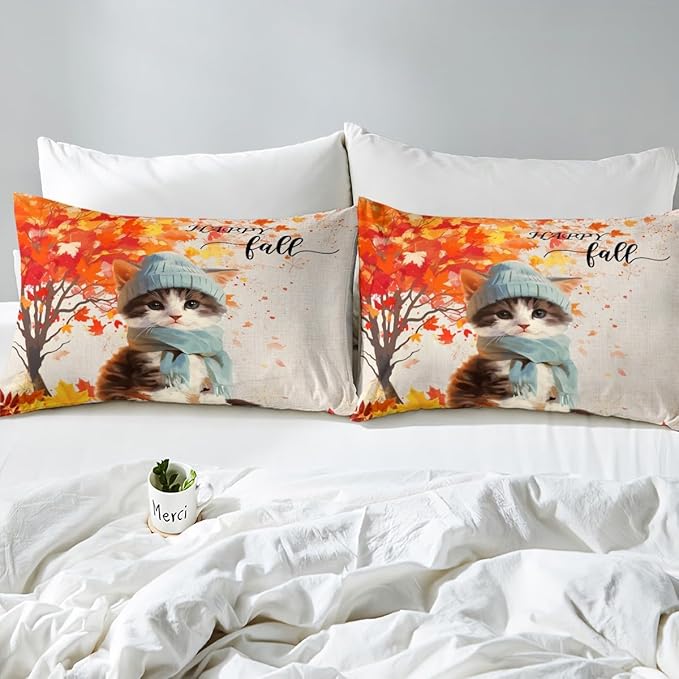 Castle Fairy Happy Fall Duvet Cover Set Full Size,Cute Watercolor Cat Cartoon Animal Comforter Cover with 2 Pillowcases,Autumn Maple Leaves Tree Rustic Breathable Bedspread for Boys Teens,Pillow Sham