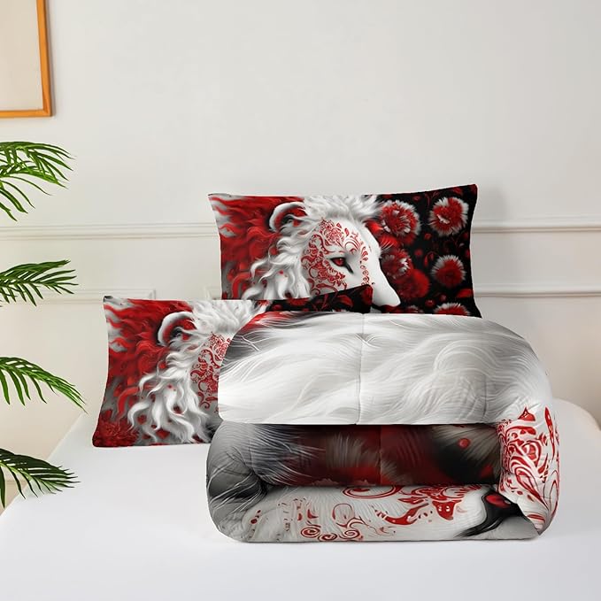Red and Black Lion Queen Size Comforter Set for Men，Queen Size Quilt Bedding Set Floral，with 1 Comforter with 2 Pillow Case