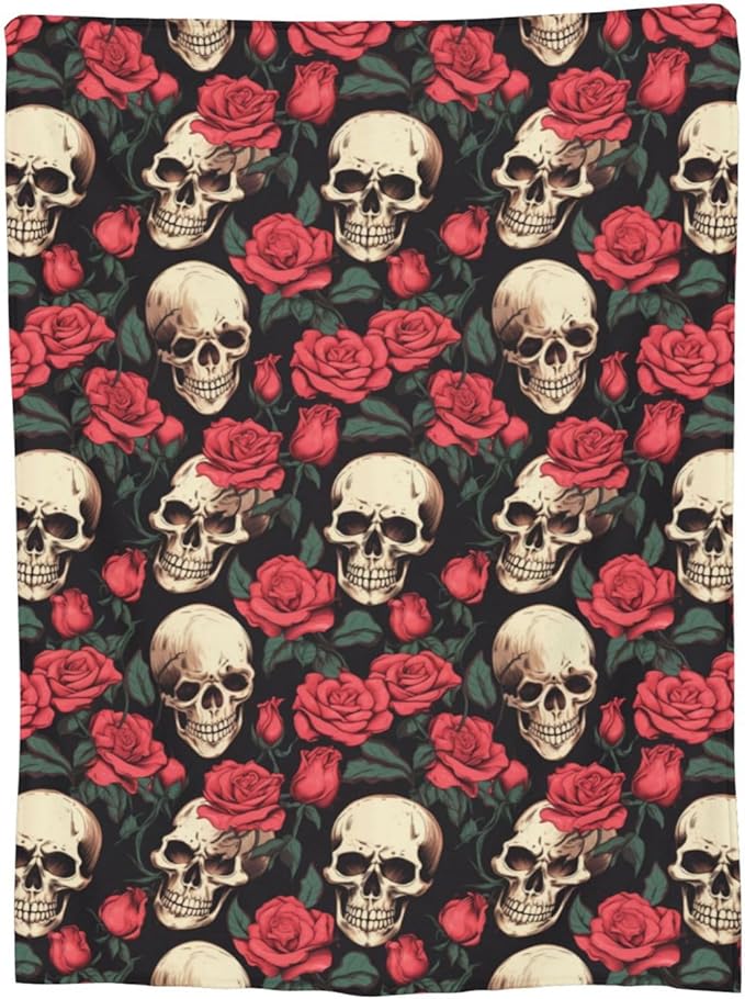 Skull Flower Rose Blanket Gifts for Adults Women Men Gothic Skull Skeleton Flannel Throw Blankets Soft Fuzzy Lightweight for Home Decor Couch Bed Sofa 60x50 Inches