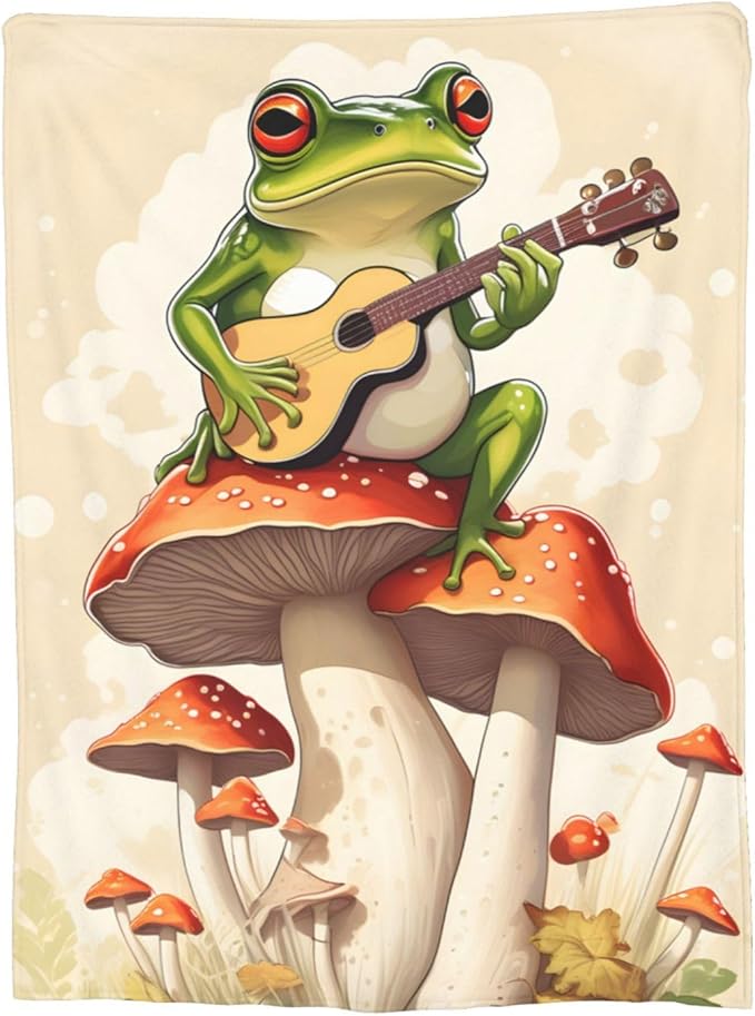 Frog Mushroom Blanket Gifts for Kids Funny Frog Play Guitar Flannel Throw Blankets Soft Comfy Lightweight for Home Decor Couch Bed Sofa 60x50 Inches