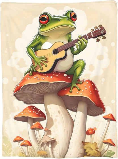 Frog Mushroom Blanket Gifts for Kids Funny Frog Play Guitar Flannel Throw Blankets Soft Comfy Lightweight for Home Decor Couch Bed Sofa 60x50 Inches