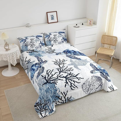 Sea Turtle Bedding Set King Size,Coral Comforter Set 3pcs for Kids Boys Girls Adults Room Decor,Ocean Creature Quilt Set White Navy Blue Microfiber Duvet Insert with 2 Pillowcases