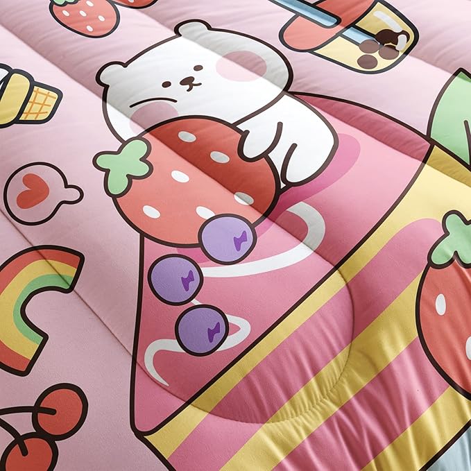 QOOMO Kawaii Bear Comforter Full,Pink Bear Bedding Set for Kids Teens Girls,3Pcs Bedding Set Printed Comforter with 2 Pillowcases,Down Alternative,Soft and Lightweight，Full Size